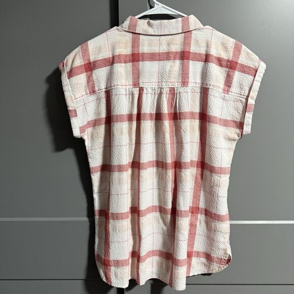 Loft Women Cuff Short Sleeve Plaid Seersucker Oversize Blouse Pink/White Medium - Picture 4 of 7